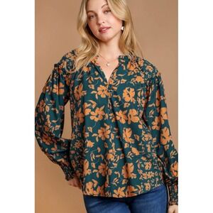 Umgee USA Teal Orange Floral Print Peasant Blouse Top Women's
 Size S